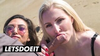 Frida Sante és Georgie Lyall forrón szopogatnak és baszódnak egy óriási faszon a strandon